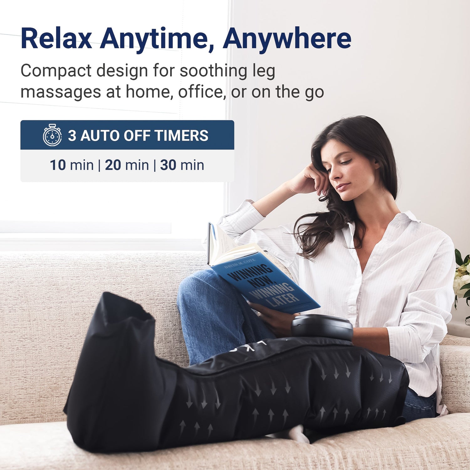 Woman using a leg massager while reading a book on a couch with promotional text about its features.