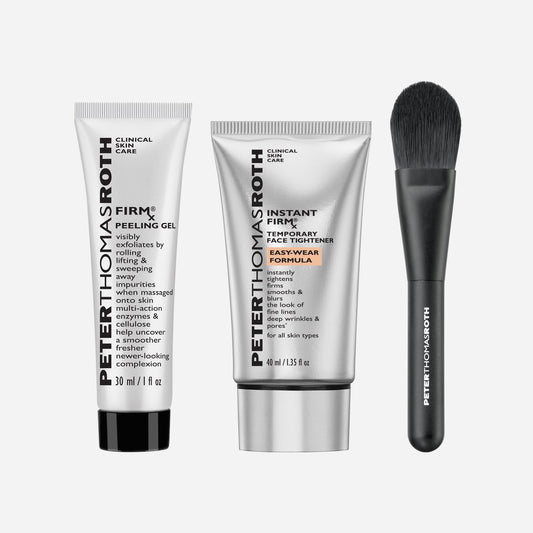 Three Peter Thomas Roth skincare items and a brush on a light gray background: Firming Gel, Instant Fire Temporary Face Tightener, and a makeup brush.