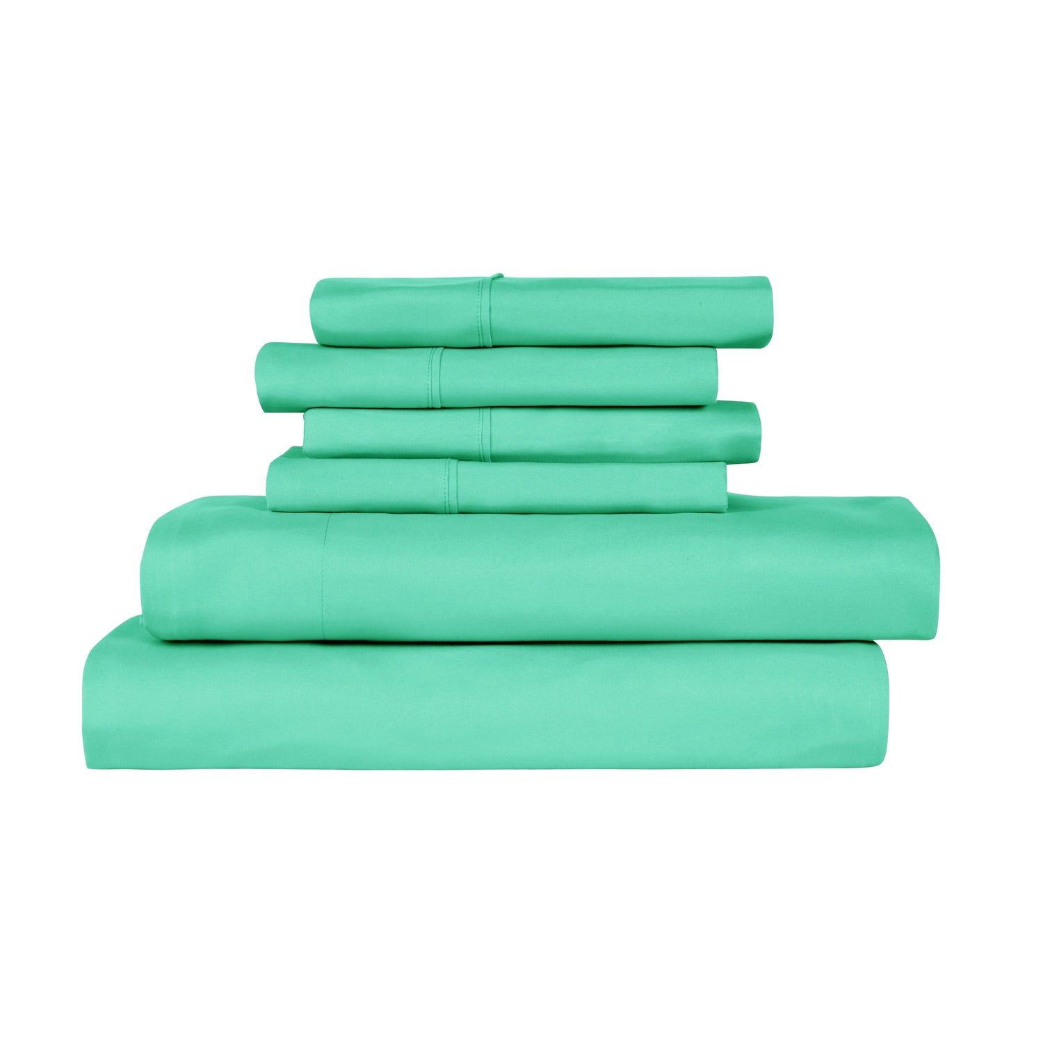 Stack of teal bed sheets and pillowcases on a white background