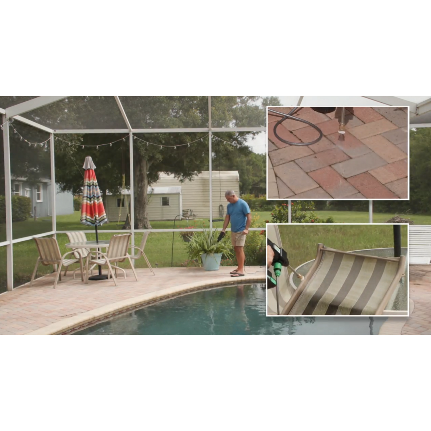 Man cleaning a pool with patio furniture and a covered area in the background