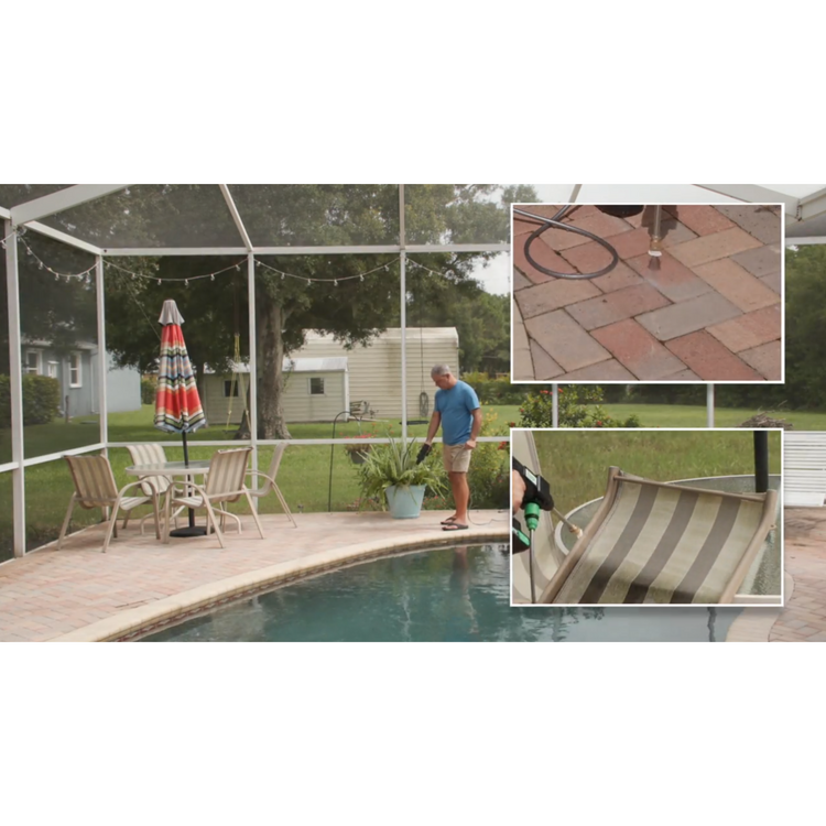 Man cleaning a pool with patio furniture and a covered area in the background