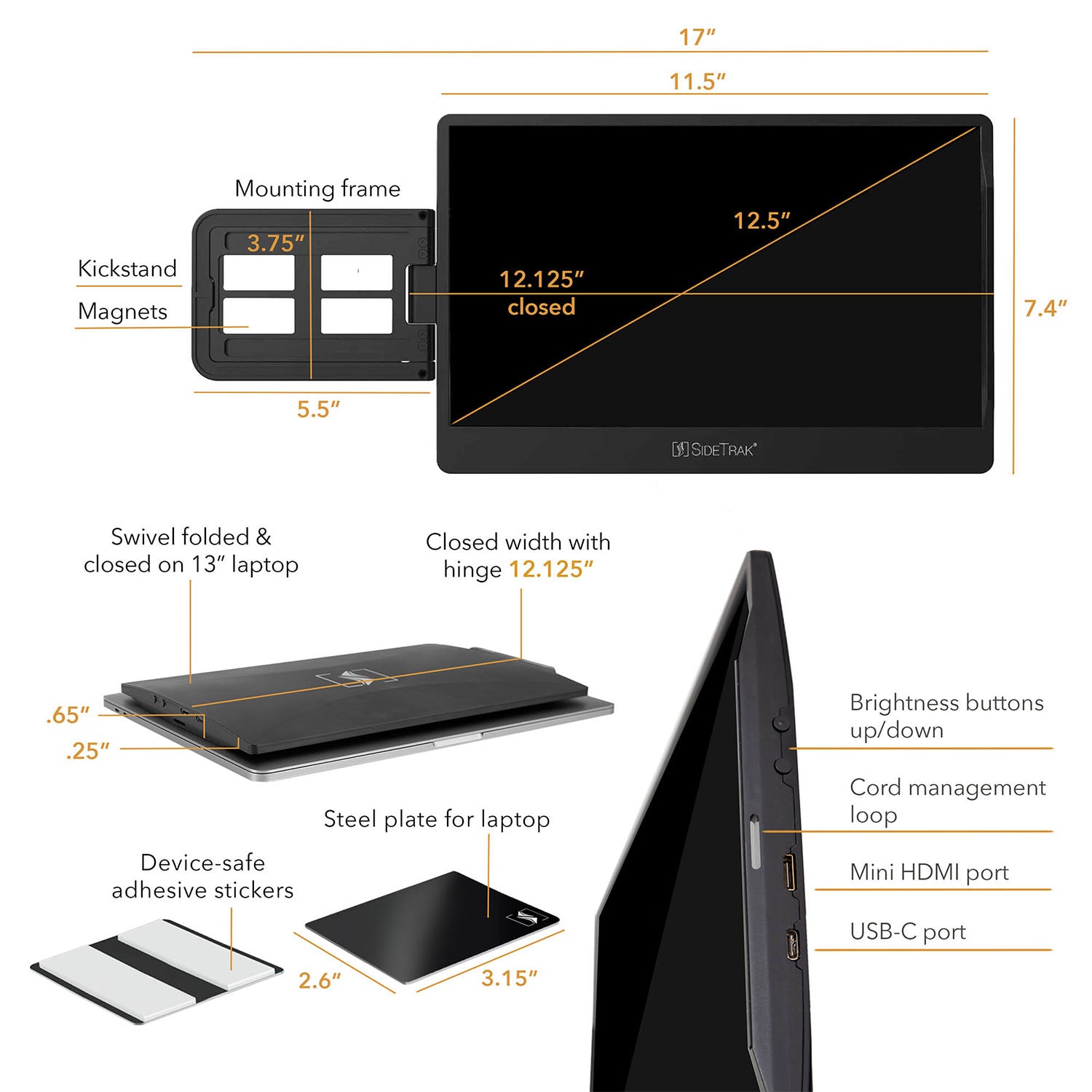 Detailed specifications and features of a laptop screen protector with measurements and components.