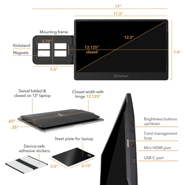 Detailed specifications and features of a laptop screen protector with measurements and components.