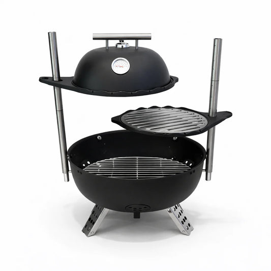 Outdoor dining scene with a portable grill, food, and people enjoying a meal.