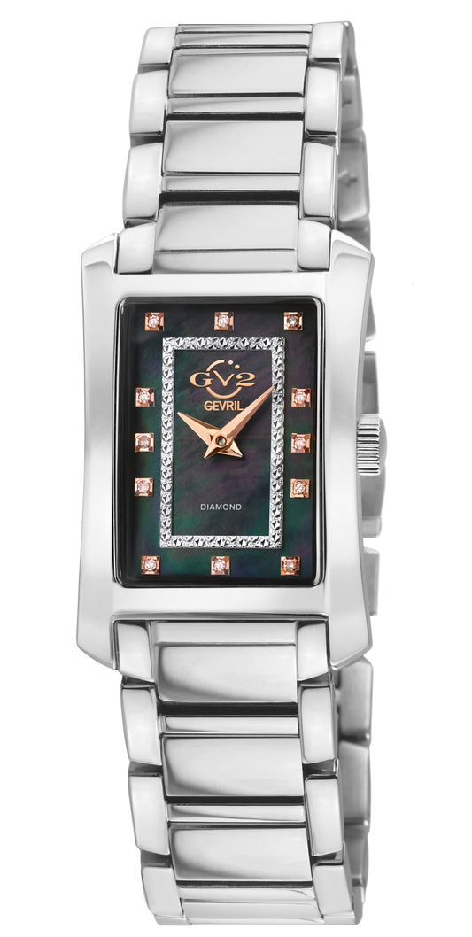 Silver watch with a black face and diamond accents on a white background
