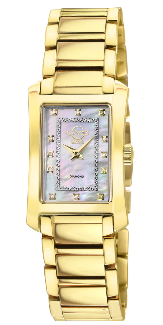 Gold wristwatch with a diamond-encrusted face on a white background