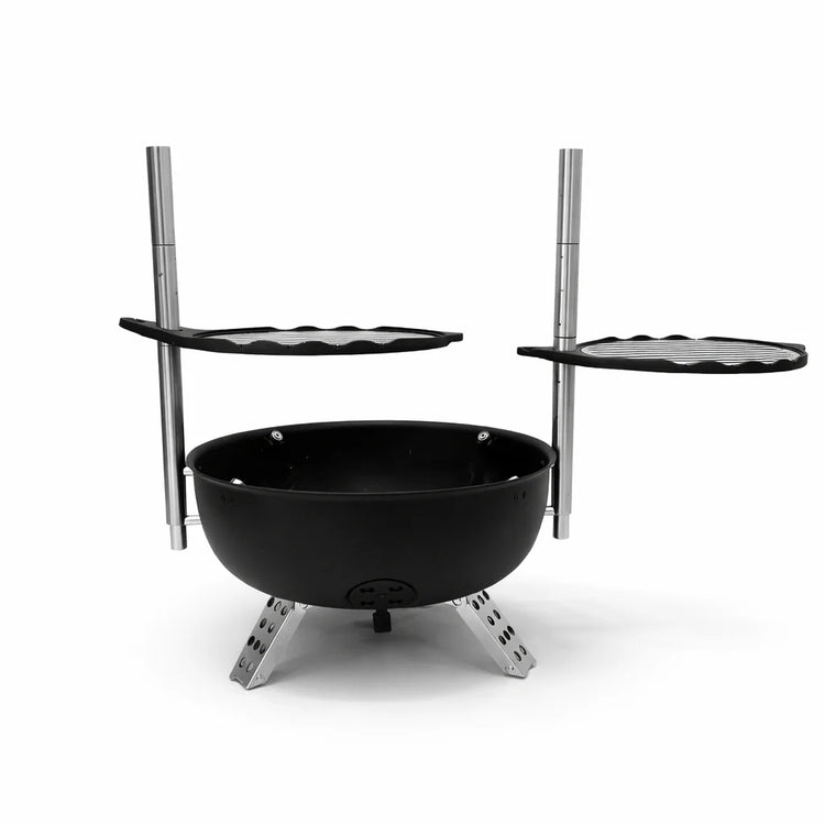 Black fire pit with metal stand on a white background