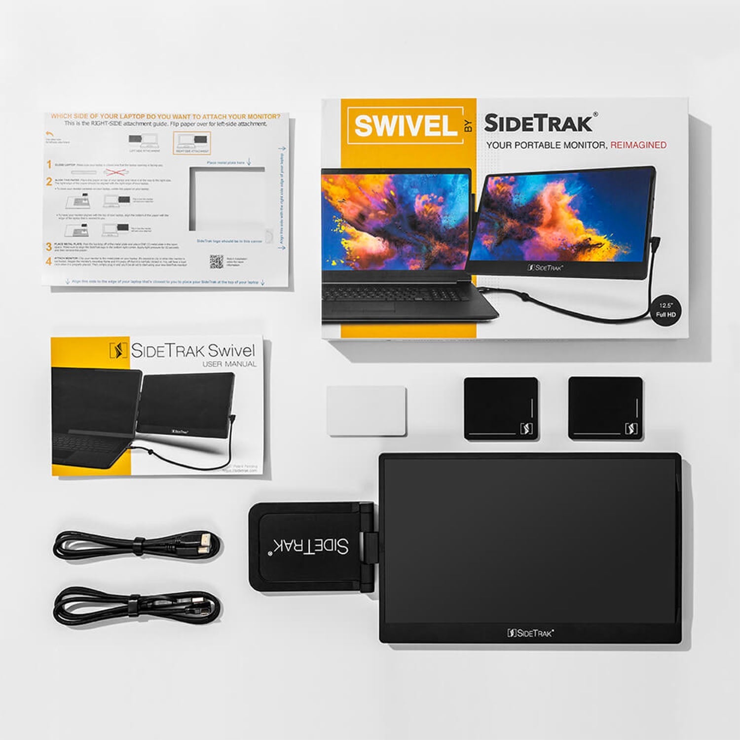 SideTrak portable monitor with packaging and accessories on a white background