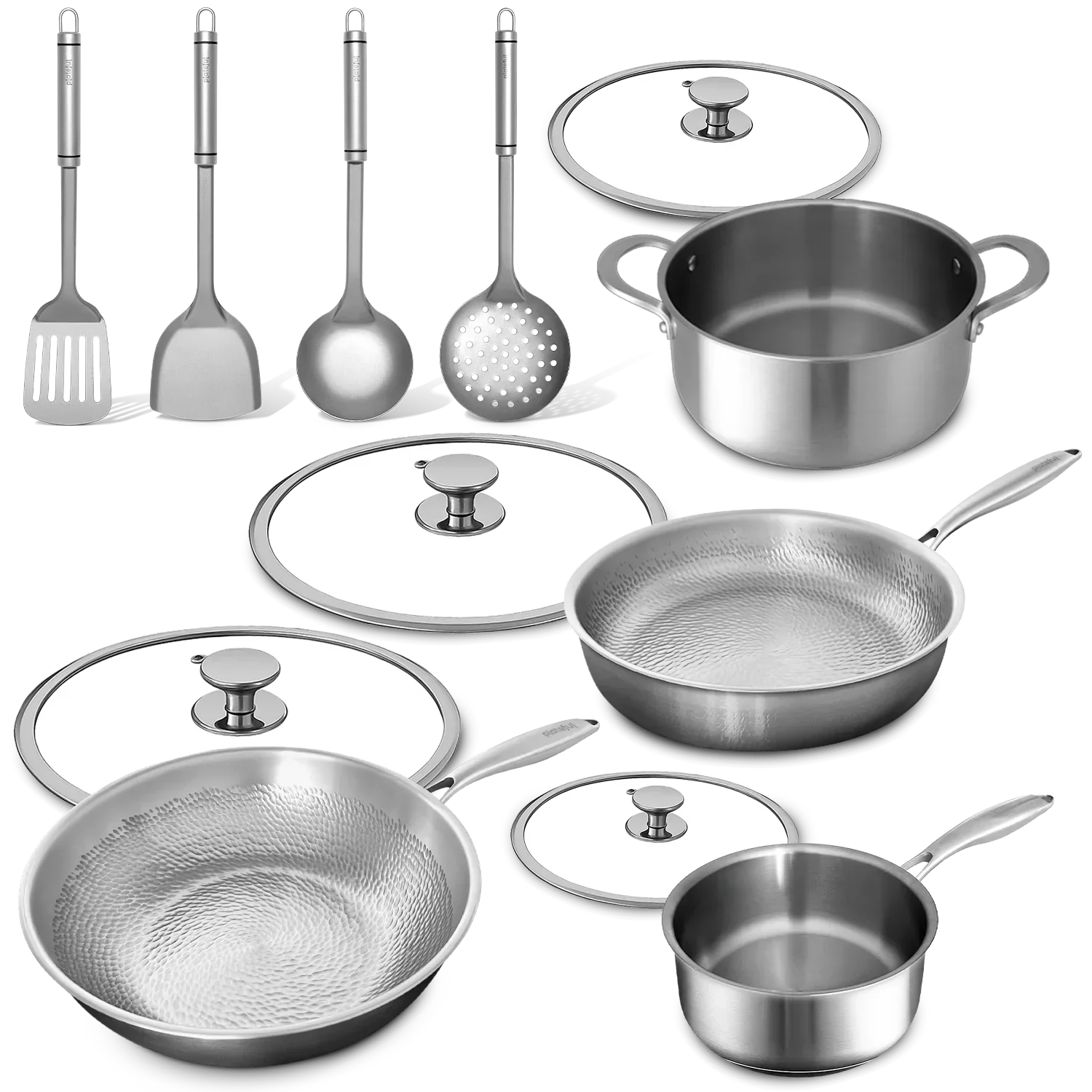 Set of stainless steel cookware including pots, pans, and utensils on a white background