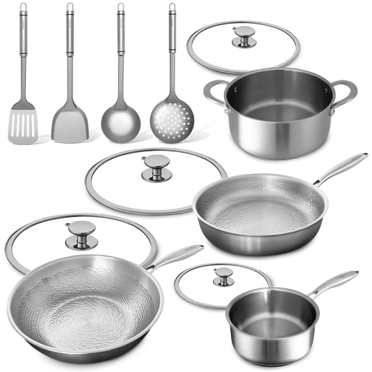 Set of stainless steel cookware including pots, pans, and utensils on a white background