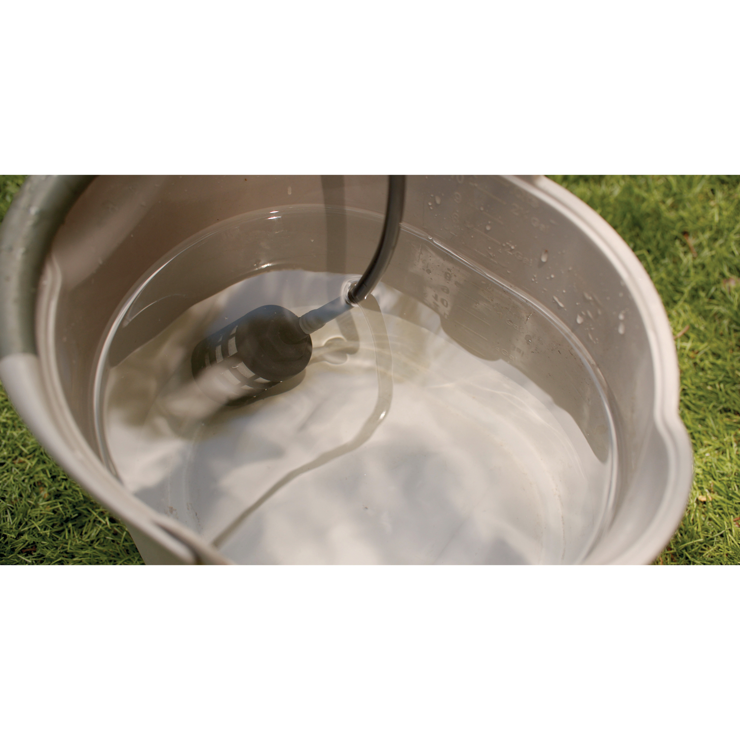 Metal bucket with water on a grassy background