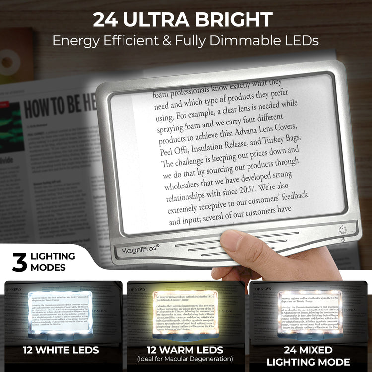 5X LED Page Magnifier with 3 Color Light Modes -24 Fully Dimmable LEDs