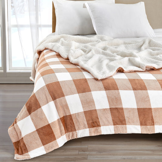 Ultra-Soft Velvet Plush Reversible Sherpa Fleece Blanket - Terracotta Buffalo Checks