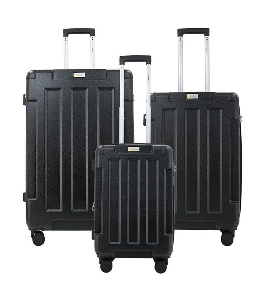 Set of three black suitcases with wheels on a white background
