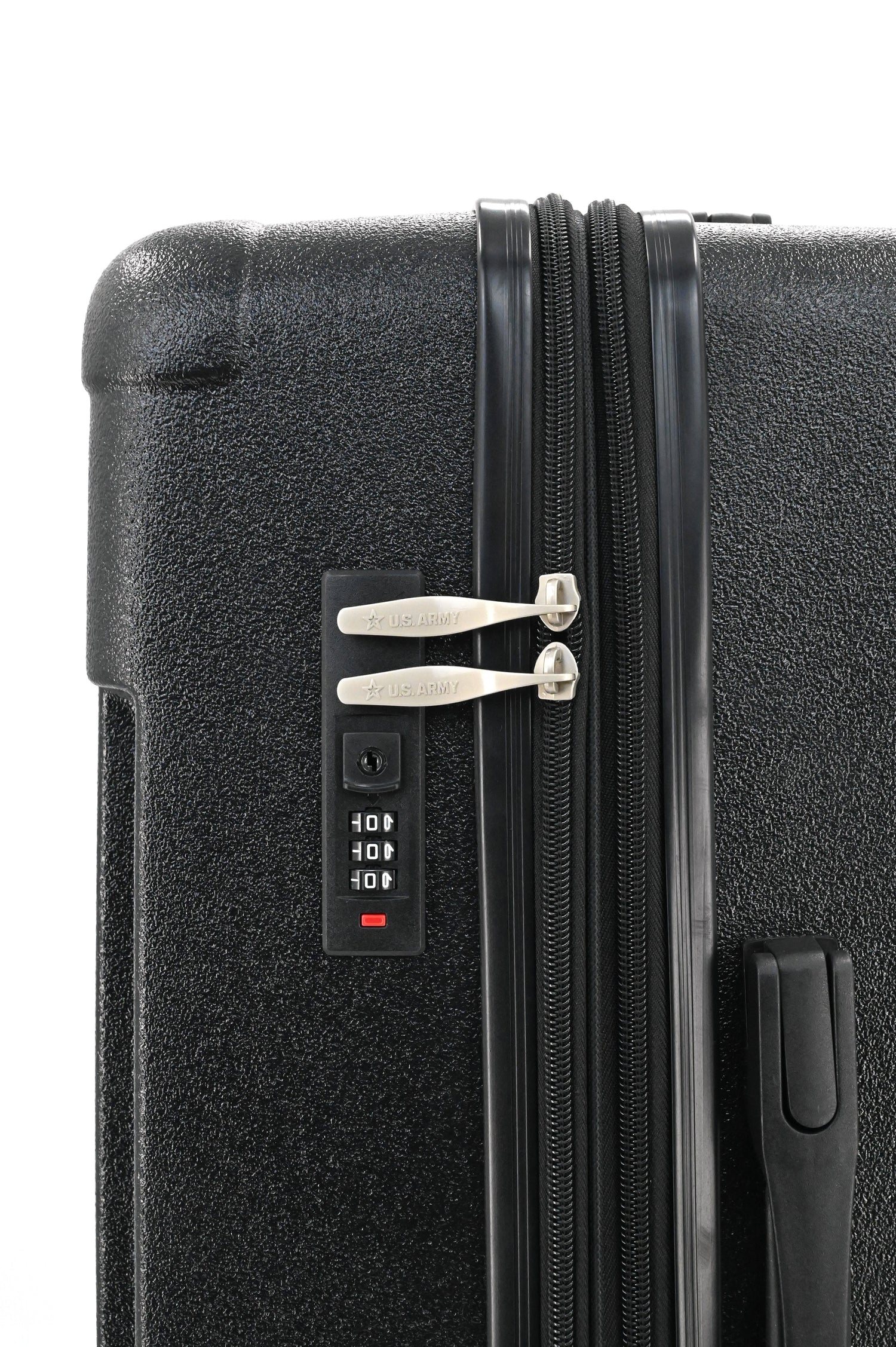 Black suitcase with a combination lock on a white background