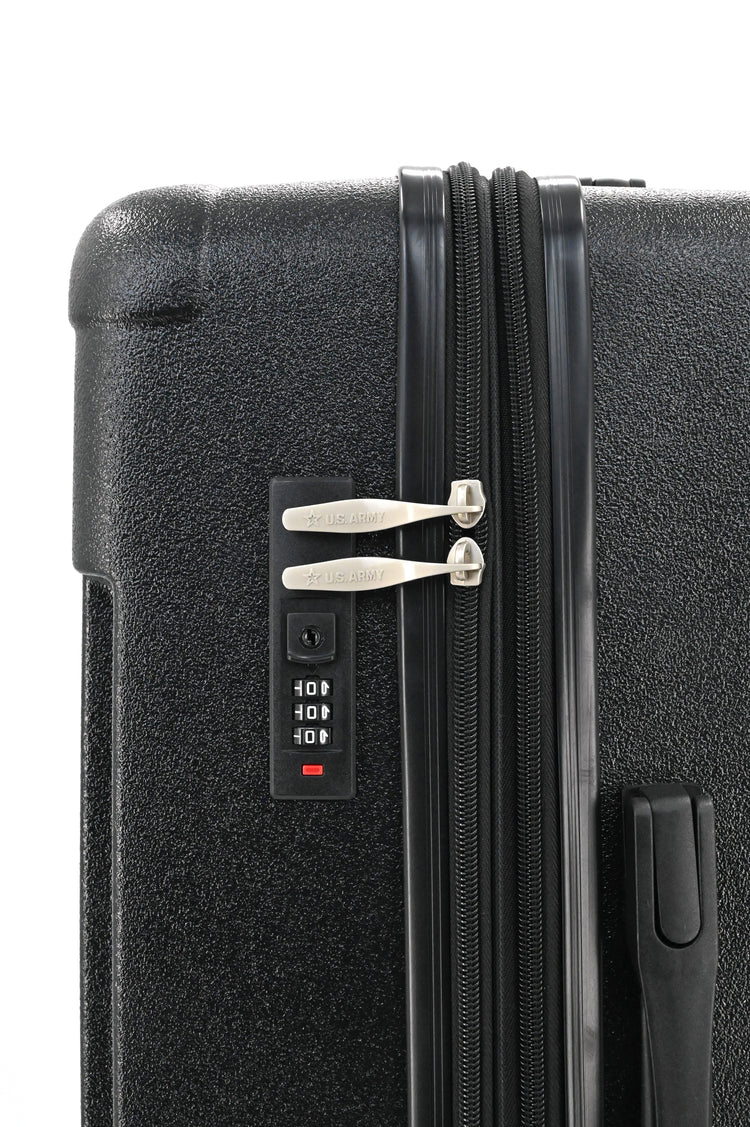 Black suitcase with a combination lock on a white background