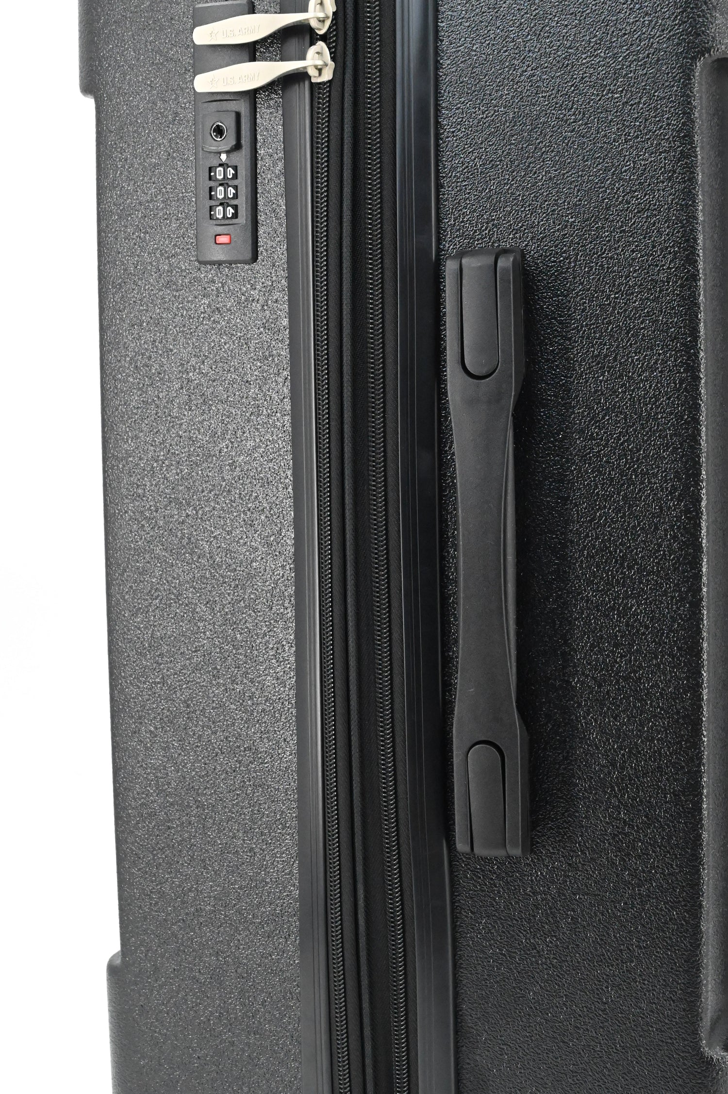 Close-up of a gray suitcase with a zipper and handle on a white background