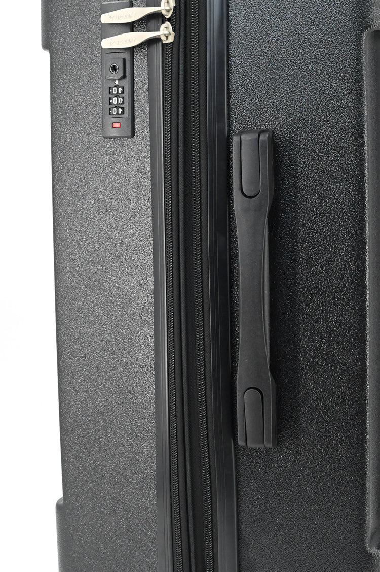 Close-up of a gray suitcase with a zipper and handle on a white background
