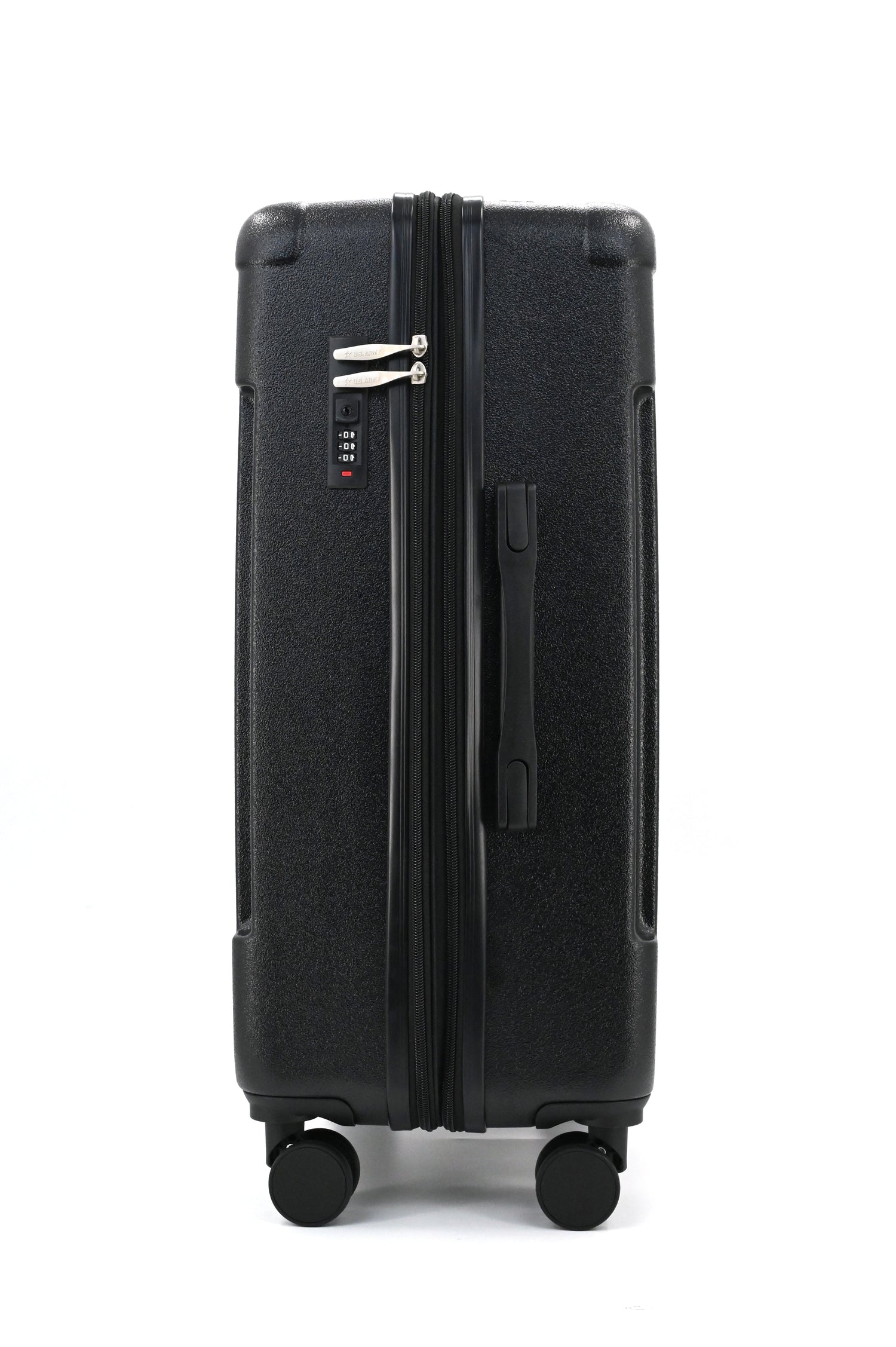 Black suitcase with wheels on a white background