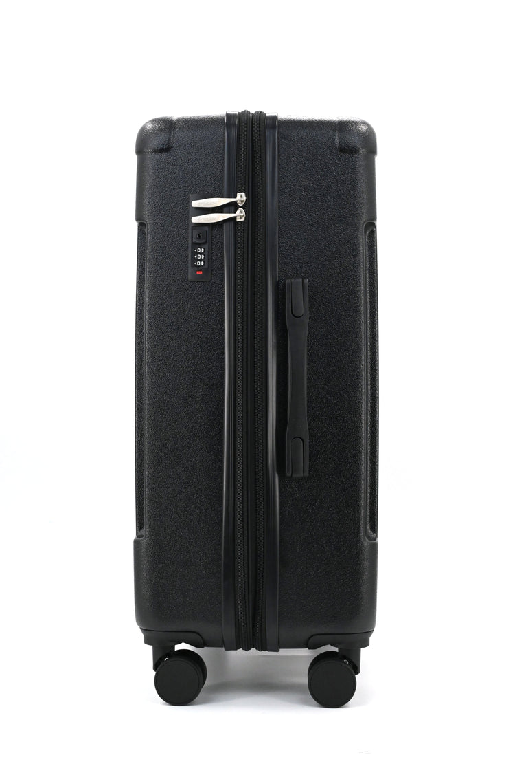Black suitcase with wheels on a white background