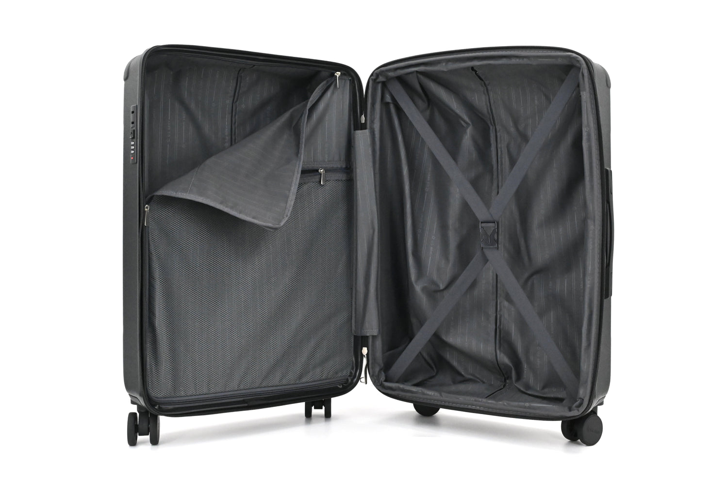 Open black suitcase on a white background