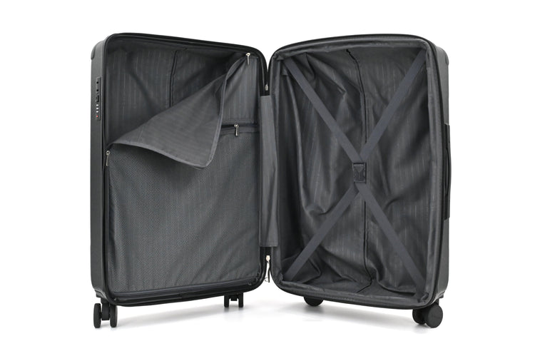 Open black suitcase on a white background