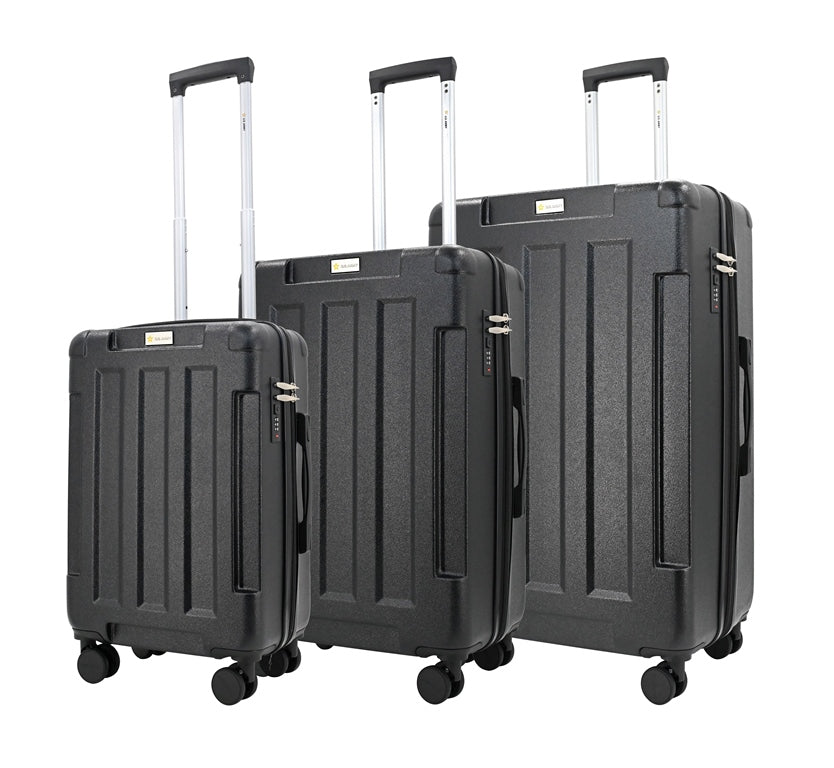 Three black suitcases of different sizes on a white background