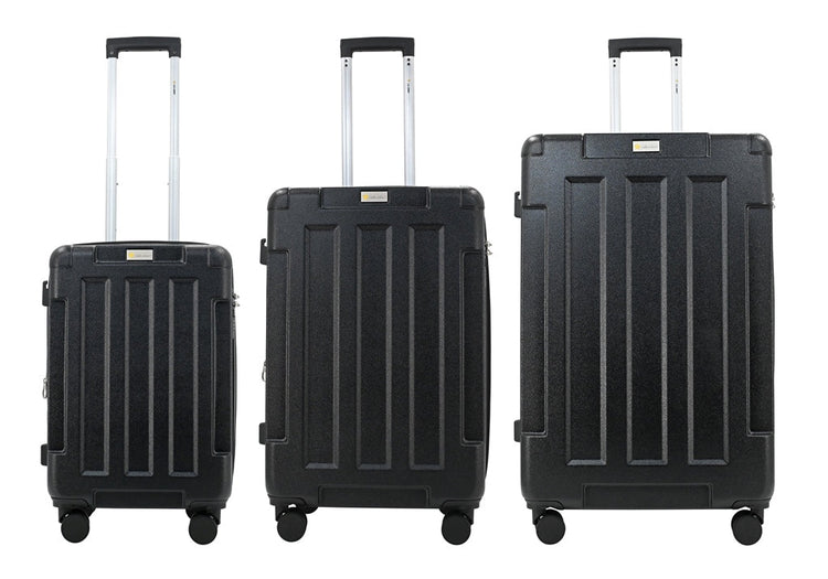 Three black suitcases of different sizes on a white background