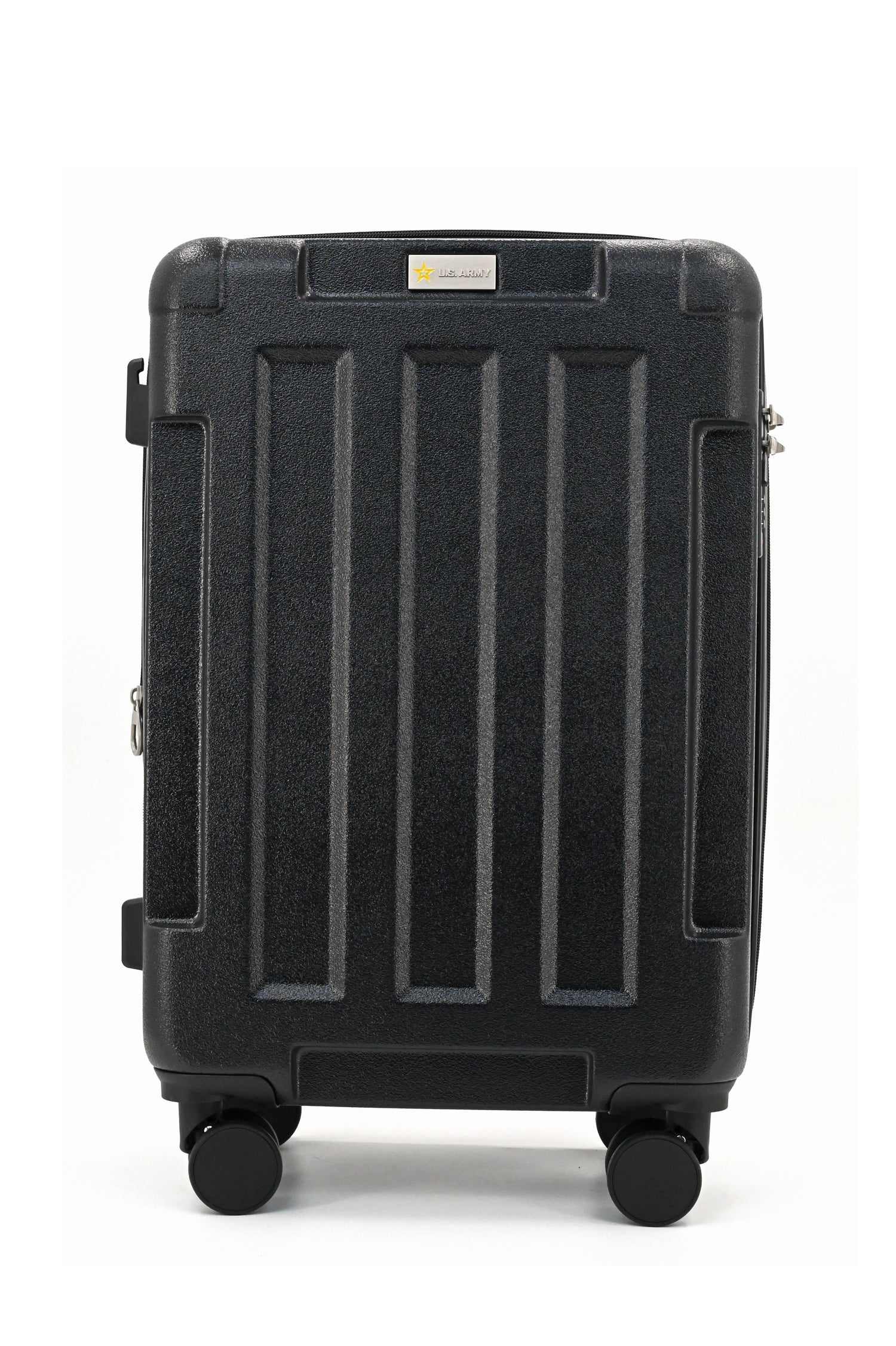 Black suitcase with visible brand logo on a white background