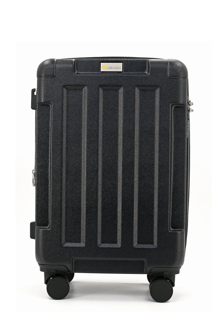 Black suitcase with visible brand logo on a white background