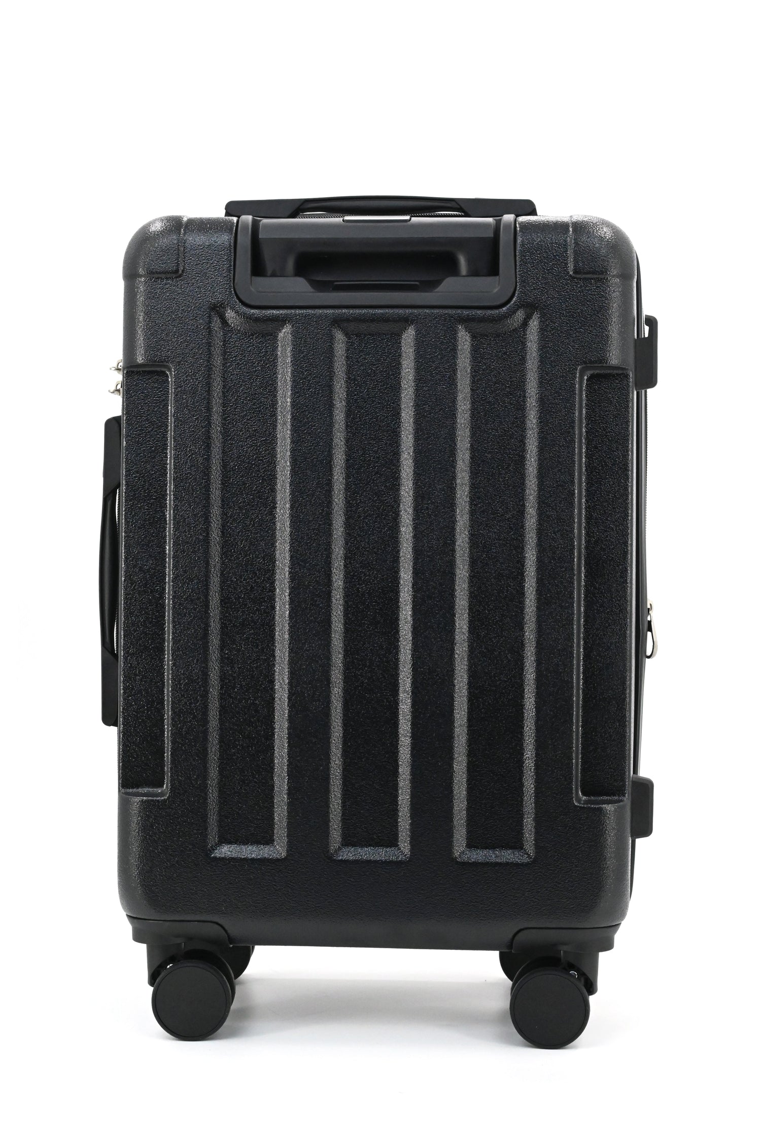 Black suitcase with a textured surface on a white background