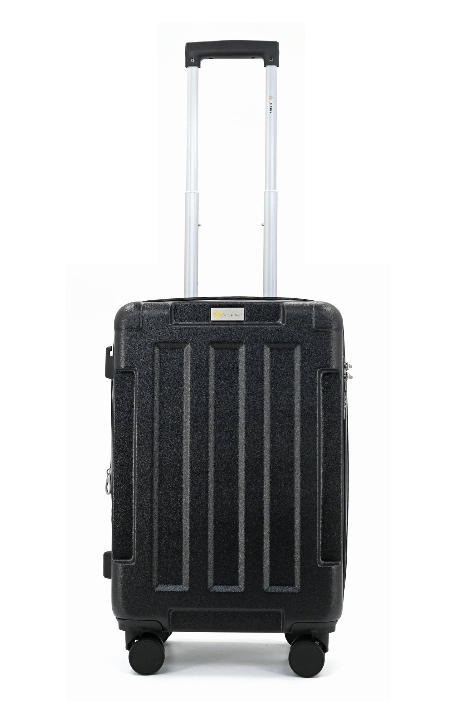 Black suitcase with a handle on a white background