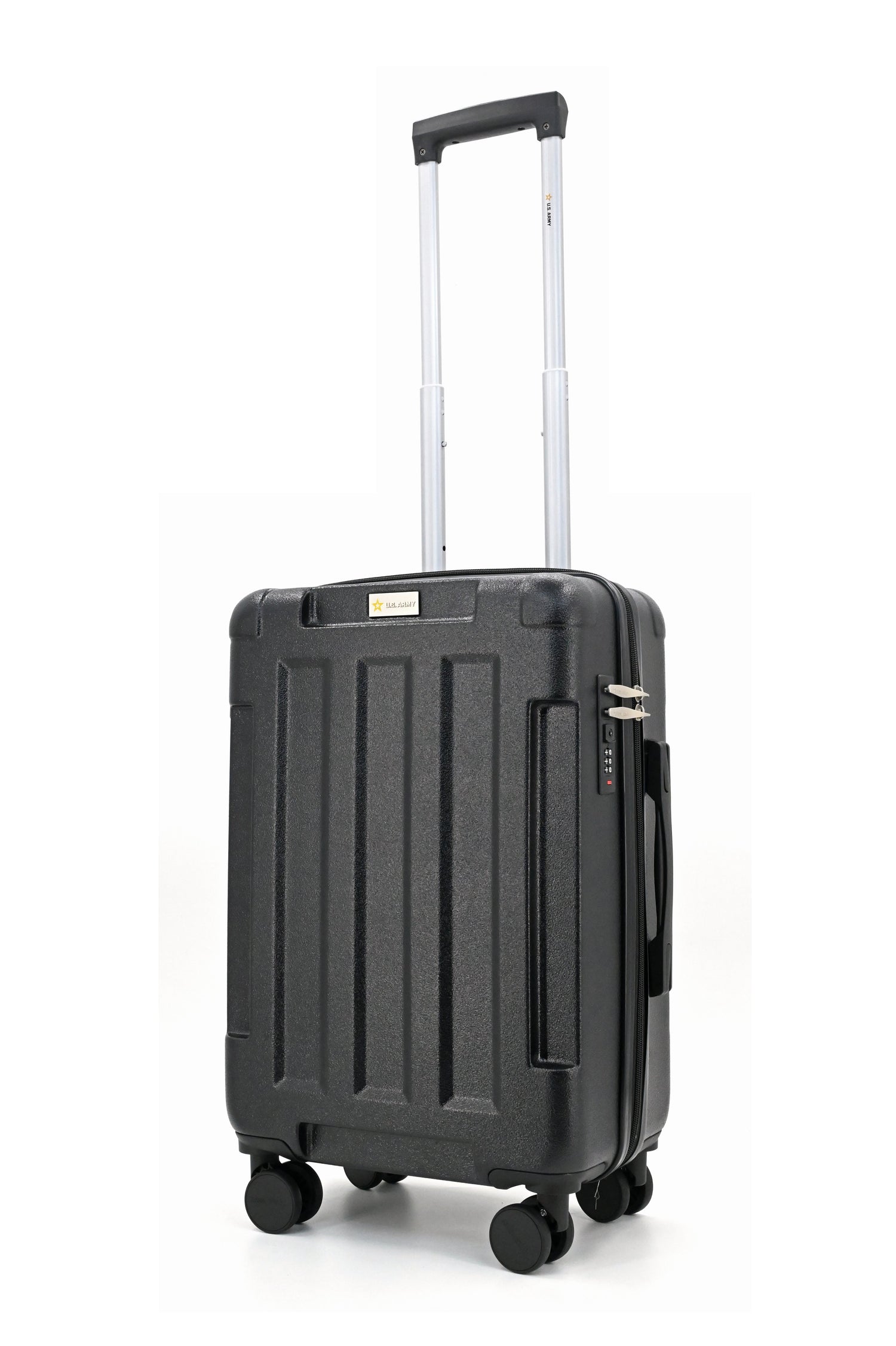 Black suitcase with a handle on a white background