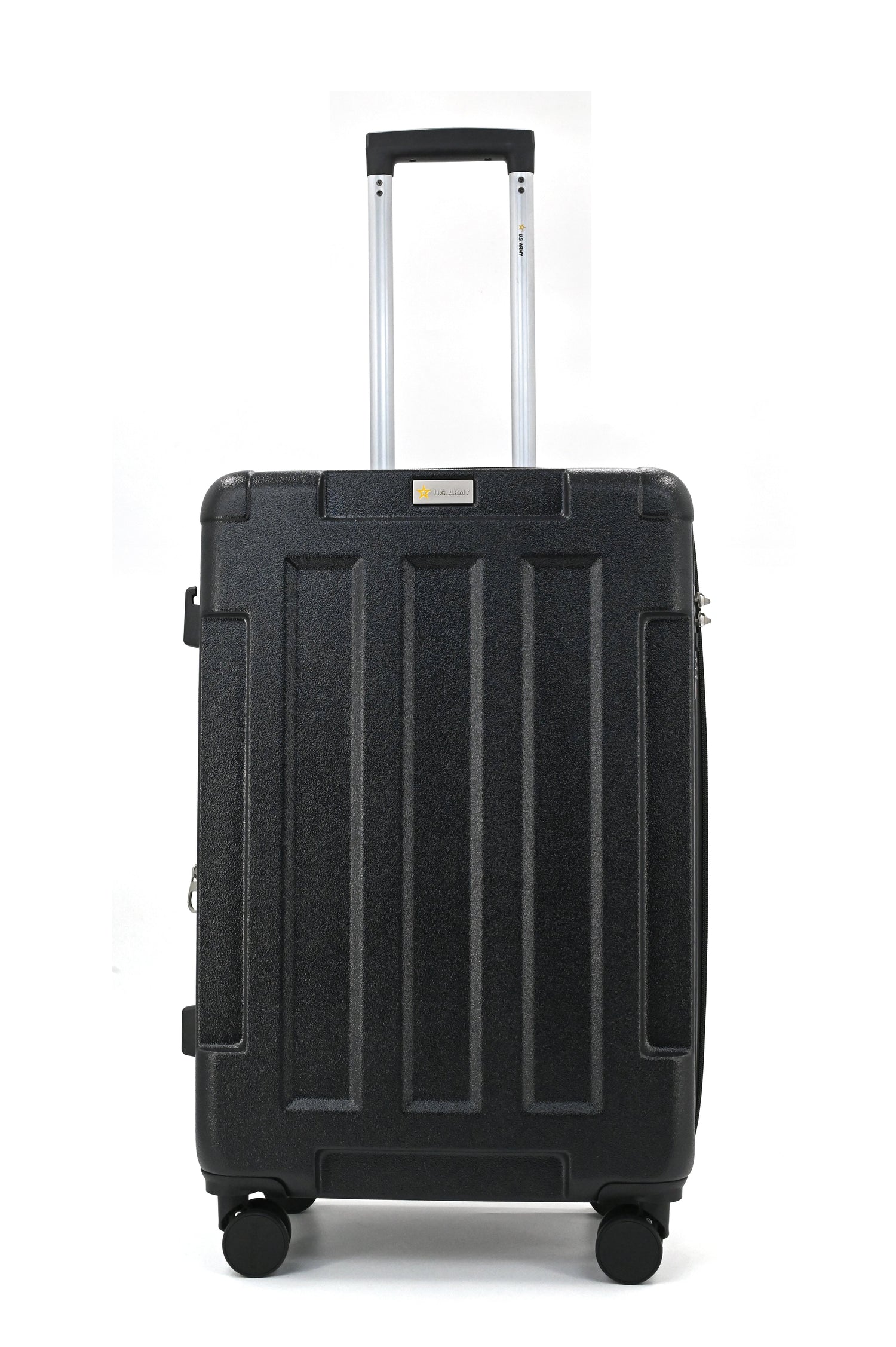 Black suitcase with a visible brand logo on a white background