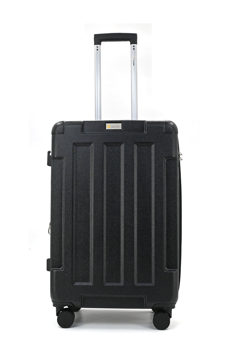 Black suitcase with a visible brand logo on a white background
