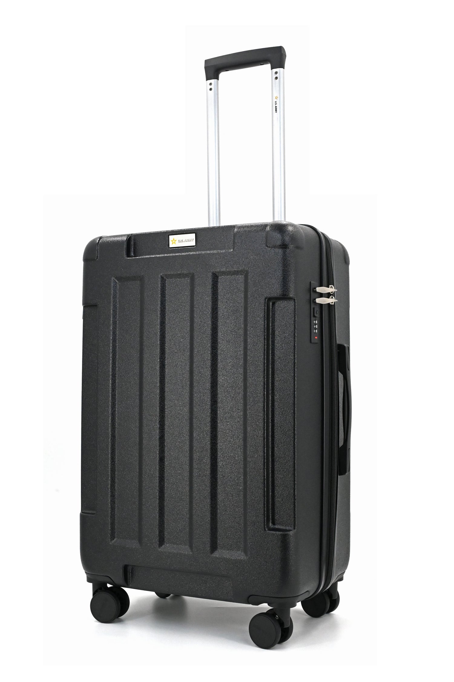 Black suitcase with wheels and handle on a white background