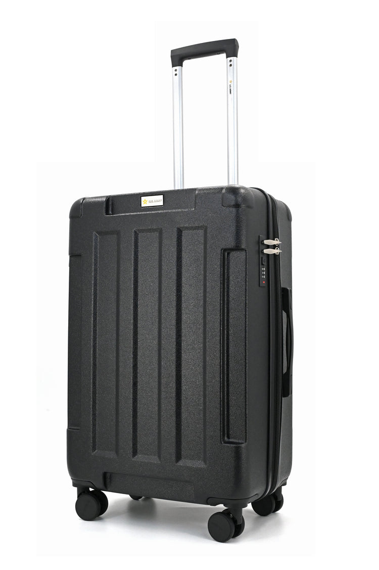 Black suitcase with wheels and handle on a white background