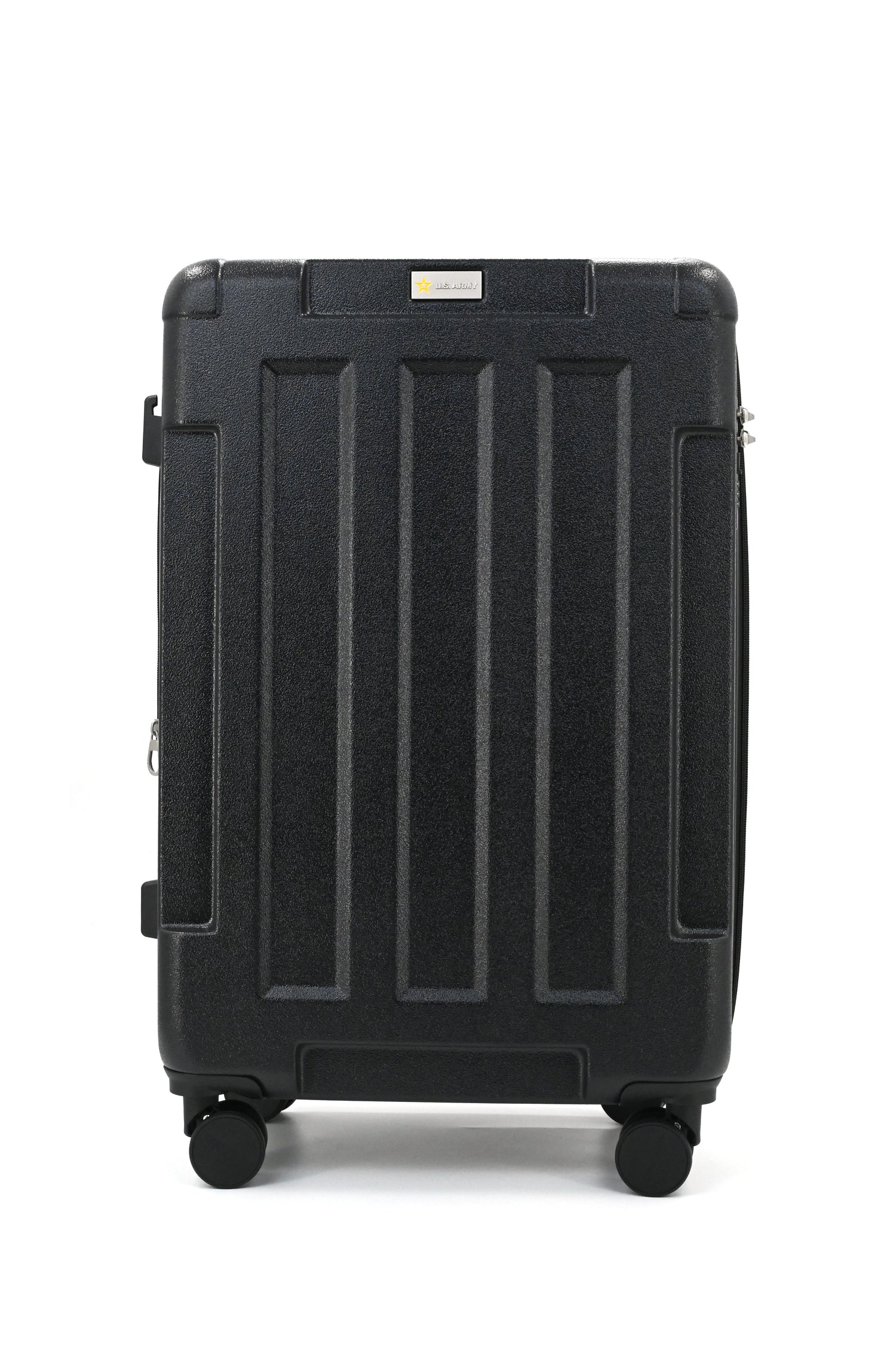 Black suitcase with wheels on a white background