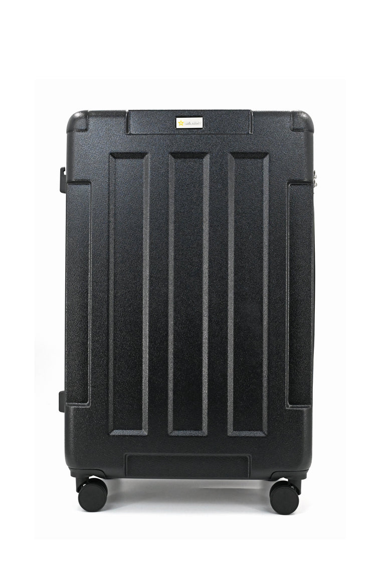Black suitcase with wheels on a white background