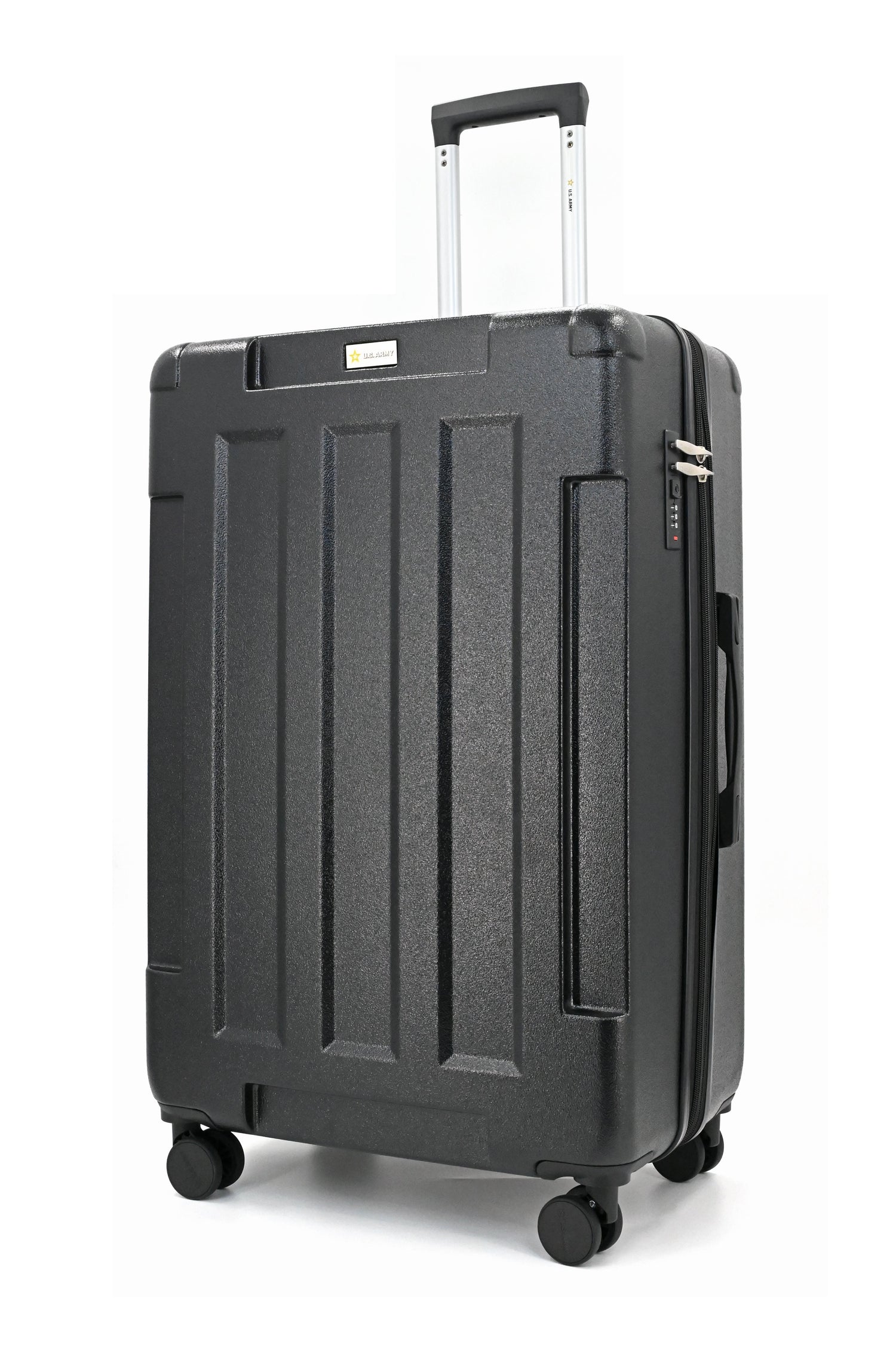 Black suitcase with wheels and handle on a white background
