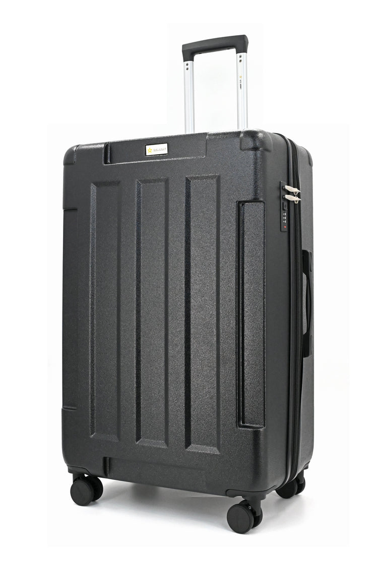 Black suitcase with wheels and handle on a white background