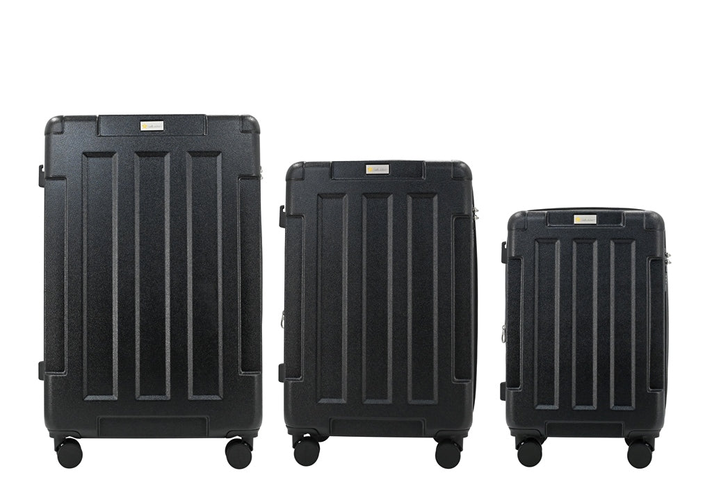 Three black suitcases of different sizes on a white background