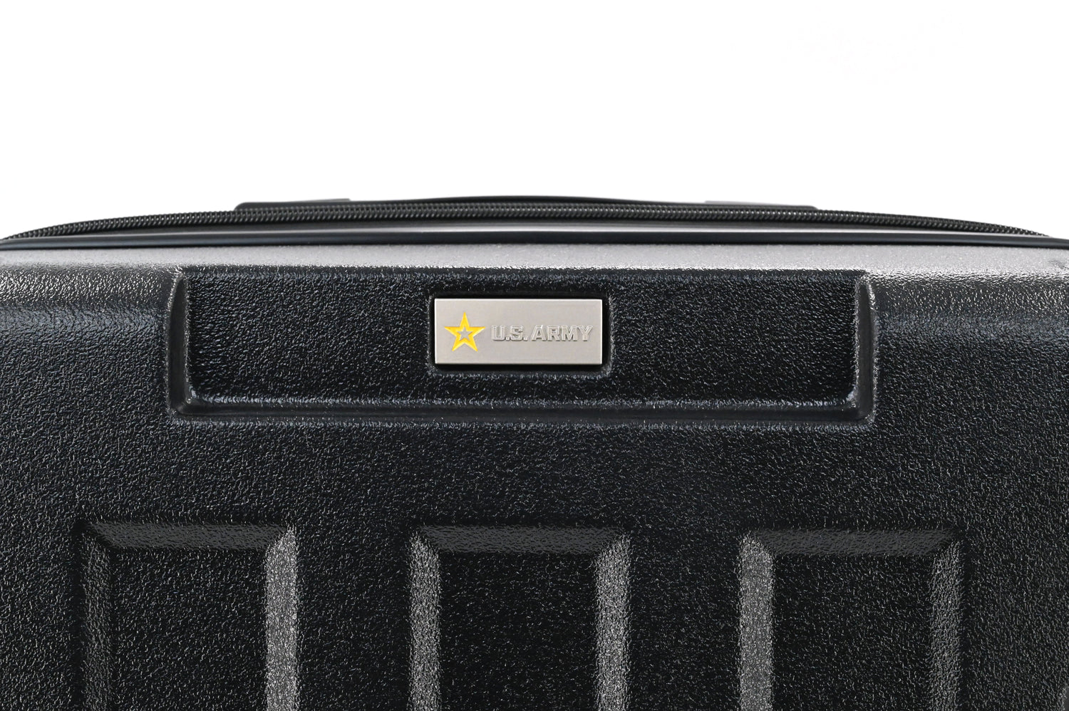 Black suitcase with a visible brand logo on a white background