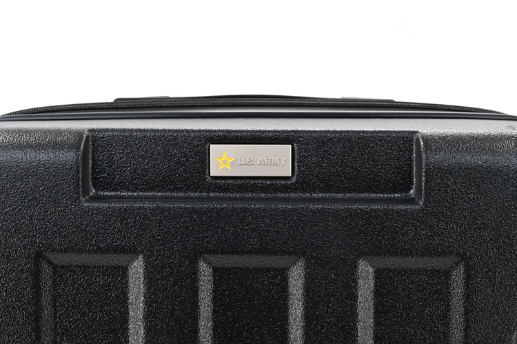 Black suitcase with a visible brand logo on a white background