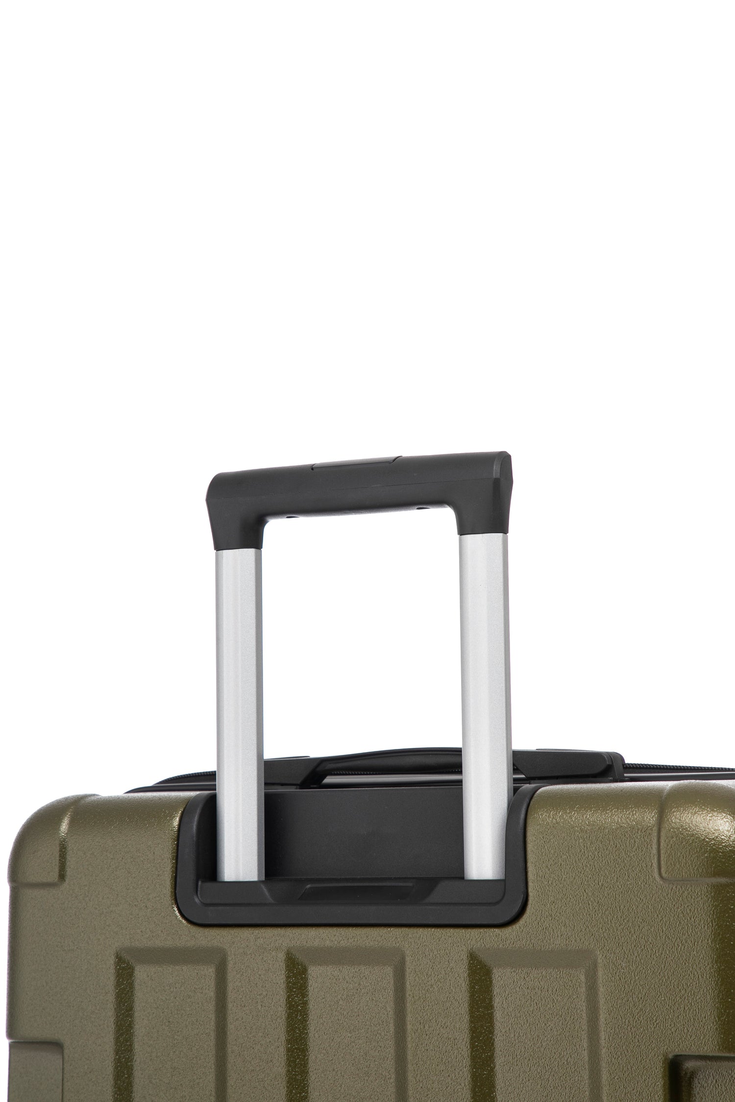 Close-up of a suitcase handle on a green suitcase with a white background