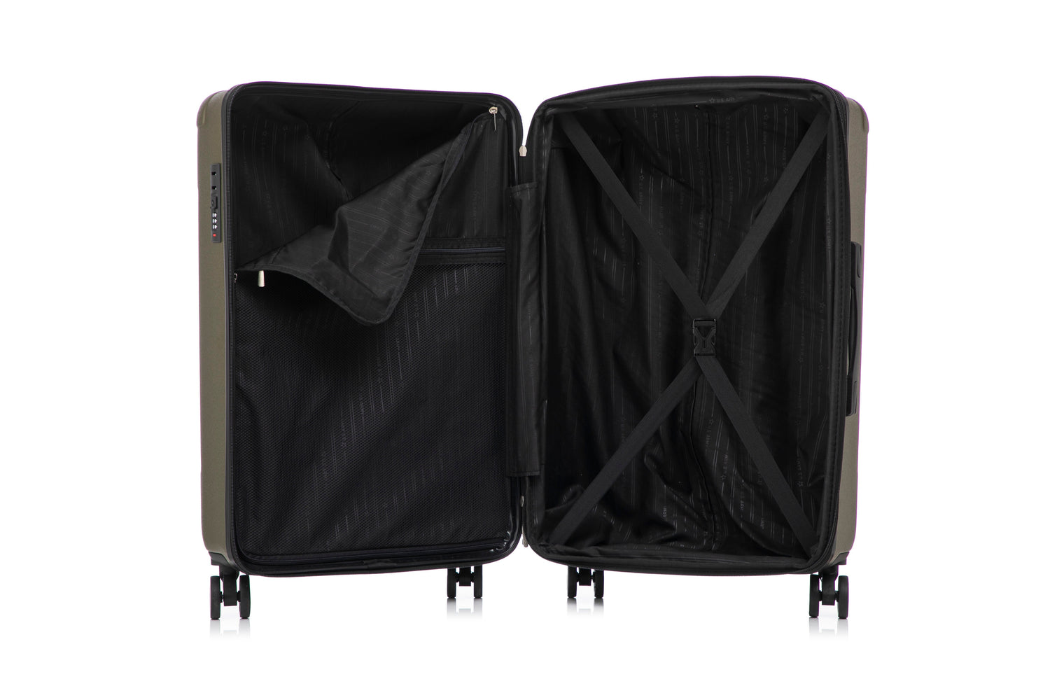 Open black suitcase on a white background