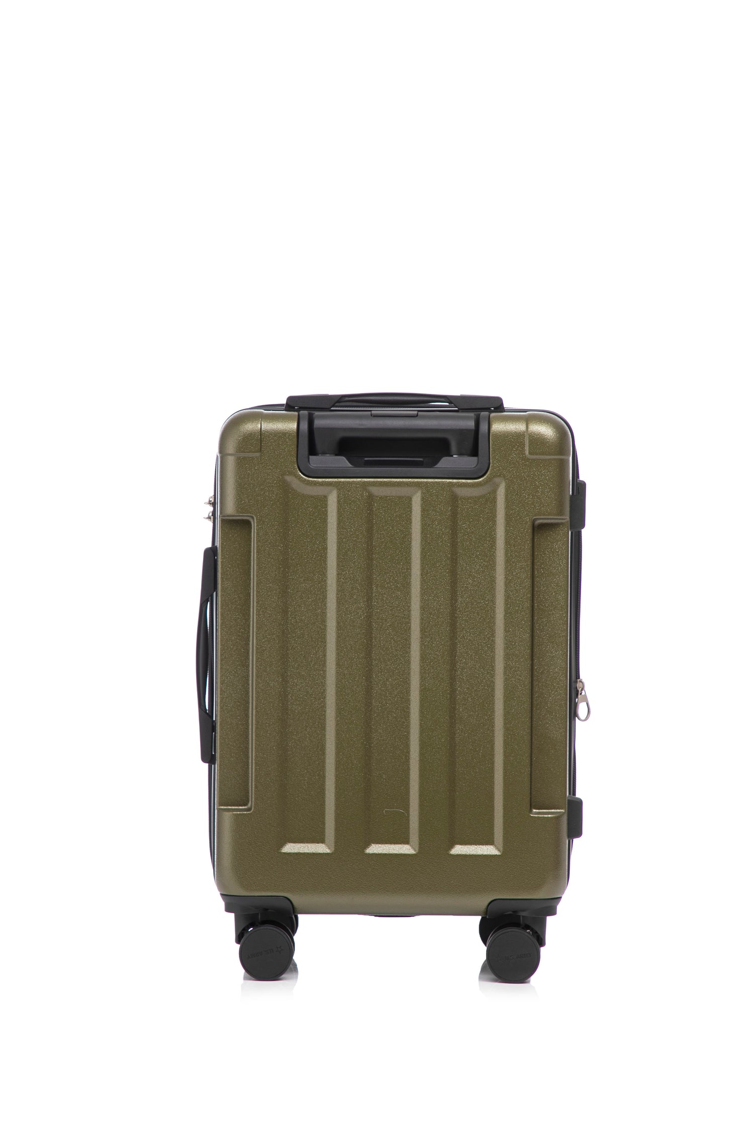 Green suitcase with black handle and wheels on a white background