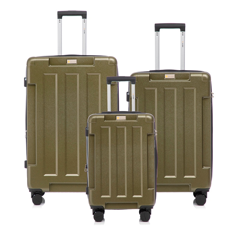 Three green suitcases of different sizes on a white background
