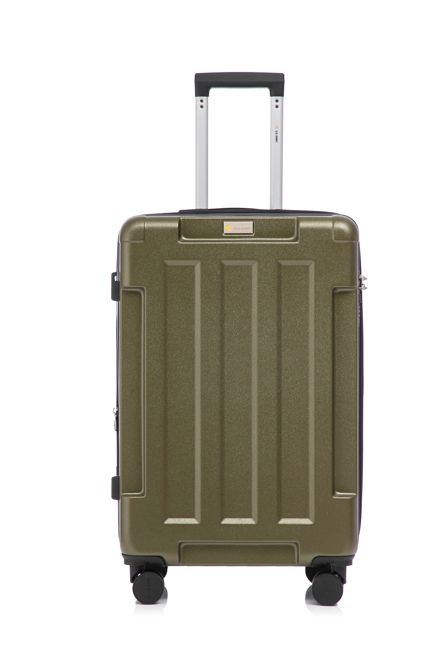 Green suitcase with wheels and handle on a white background