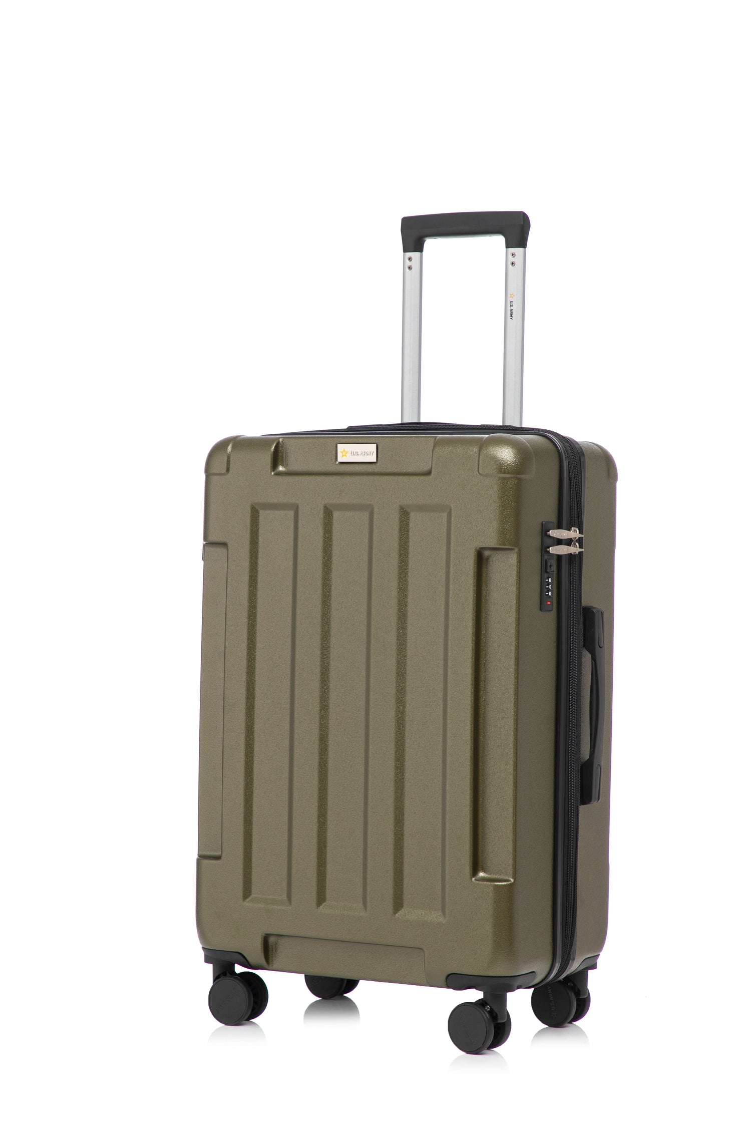 Green suitcase with wheels and handle on a white background